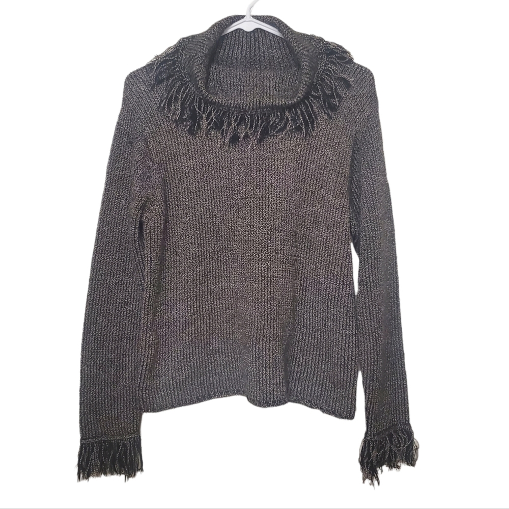 Women's Mark Alan black & cream size medium cowl neck sweater w/ fringe detail
